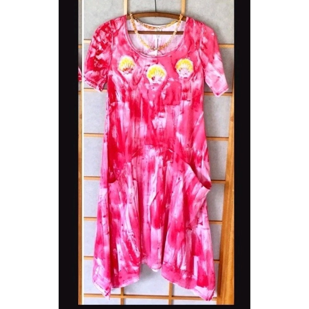 Hand-Painted Cotton A-line Pocket Dress High-Low Hem, Hem Signed By Artist Sz.XL